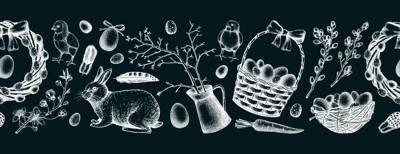 Seamless Easter ribbon design with cute characters and spring decor elements. Hand drawn bunnies, eggs, chickens, flowers and flowering trees background. Vector Holiday sketches on chalkboard